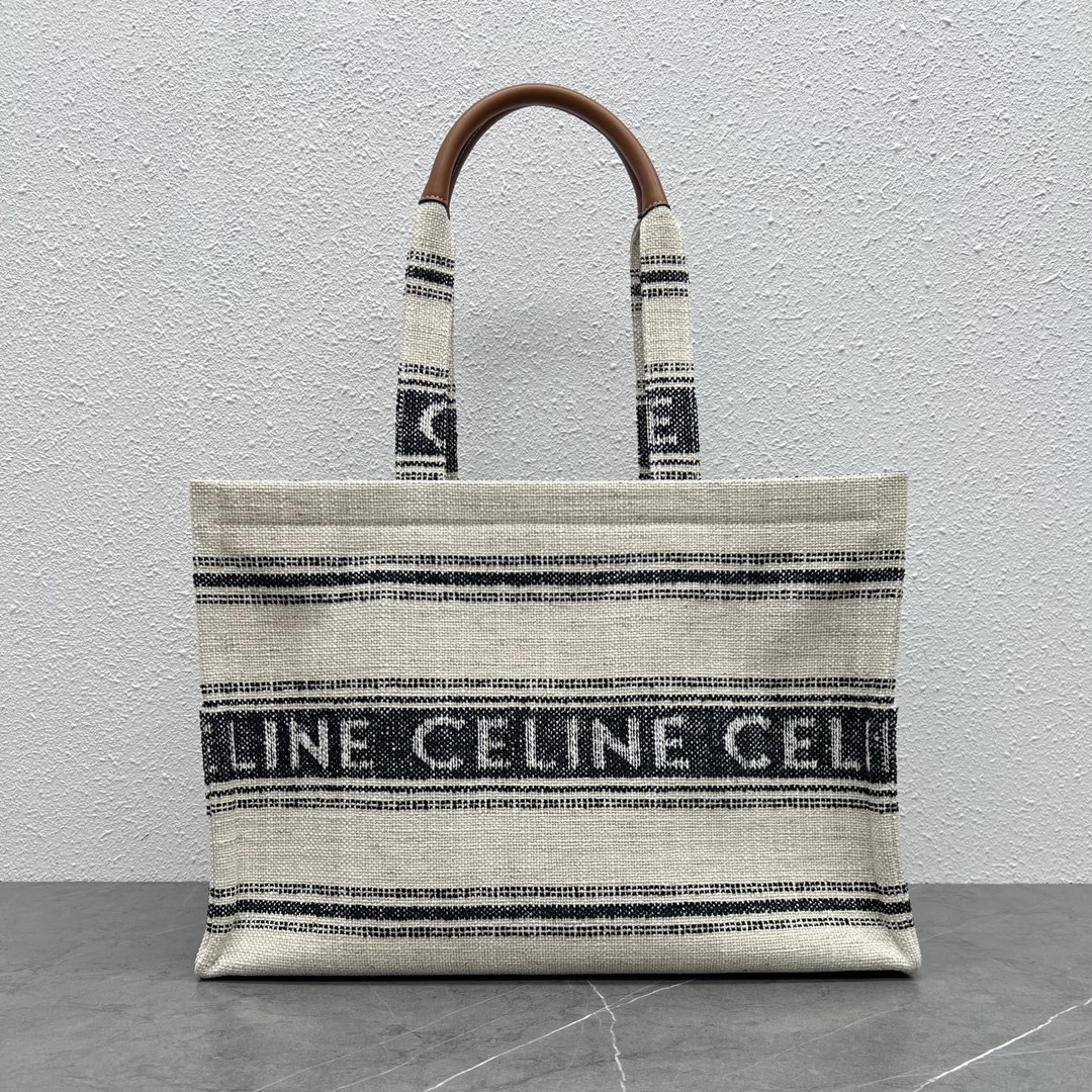 Celine Large Cabas Thais In Striped Textile With Celine Jacquard And Calfskin Cream/Grey 196762